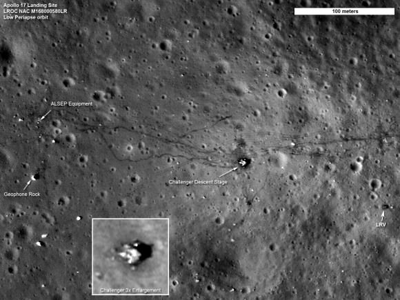 The Apollo 17 landing site at Taurus-Littrow taken by the Lunar Reconnaissance Orbiter in 2011. Visible is the descent stage of the lunar module Challenger, the Lunar Roving Vehicle (LRV) and its tracks, the Apollo Lunar Surface Experiment Package (ALSEP) and Geophone Rock. Credit: NASA's Goddard Space Flight Center/ASU