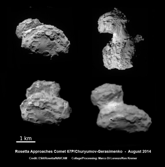 ESA’s Rosetta spacecraft on final approach to Comet 67P/Churyumov-Gerasimenko in early August 2014. This collage of navcam imagery from Rosetta was taken on Aug. 1, 2, 3 and 4 from distances of 1026 km, 500 km, 300 km and 234 km. Not to scale.  Credit: ESA/Rosetta/NAVCAM - Collage/Processing: Marco Di Lorenzo/Ken Kremer- kenkremer.com