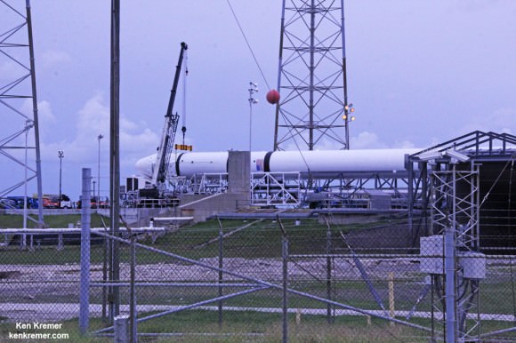 SpaceX Falcon 9  rests horizontally at Cape Canaveral launch pad 40 awaiting blastoff reset to Sept 21, 2014 on the CRS-4 mission.  Credit: Ken Kremer - kenkremer.com