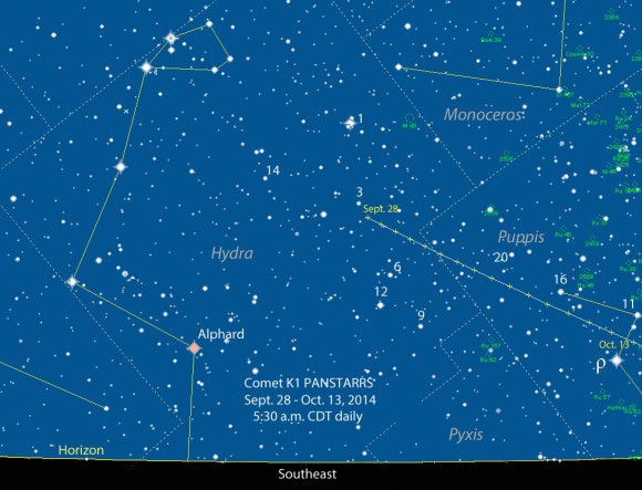 Skywatchers can find C/2012 K1 PanSTARRS in the morning just in Hydra-Puppis just before dawn. The map shows its location daily with stars to magnitude 8.5. The numbers next to some stars are standard Flamsteed atllas catalog numbers. Source: Chris Marriott's SkyMap
