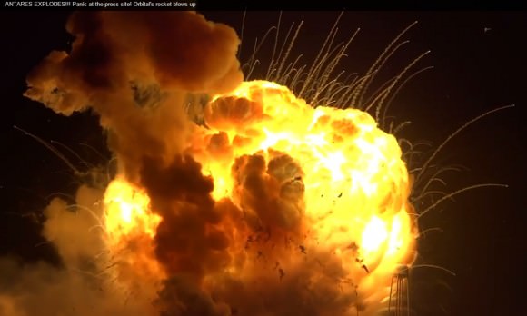 A still image from one of several videos of the ill-fated Antares launch of October 28, 2014, taken by engineers at the Mid-Atlantic Regional Spaceport, Wallops, VA. (Credit: NASA)