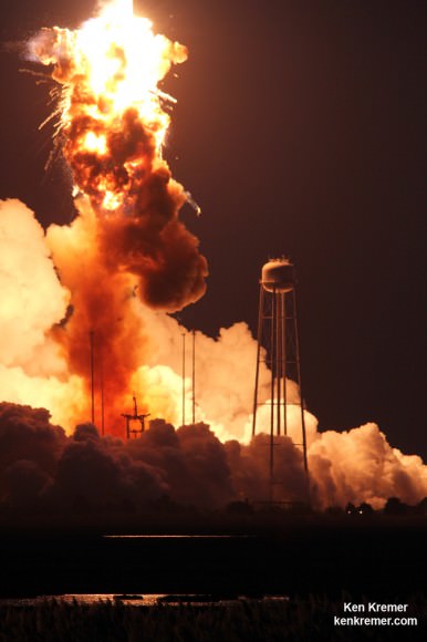 Orbital Sciences Antares rocket explodes intoan aerial fireball seconds after blastoff from NASA’s Wallops Flight Facility, VA, on Oct. 28, 2014 at 6:22 p.m.  Credit: Ken Kremer – kenkremer.com