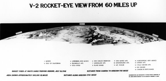 Assembled panorama of V-2 images taken from an altitude of 60 miles in 1948 (JHUAPL/US Navy)