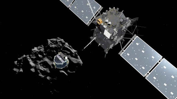 Artist impression of Philae separating from Rosetta earlier this morning. The lander is now free-falling to the comet under the influence of its gravity. Credit: ESA