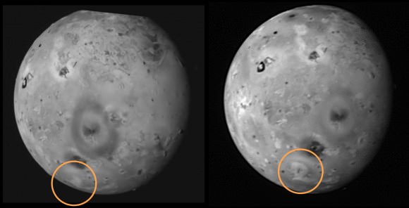 The New Horizons flyby of Io in 2007 (right) revealed a changing feature on the surface of the Jupiter moon since Galileo's image of 1999 (left.) Inside the circle, a new volcanic eruption spewed material; other pictures showed this region was still active. Credit: NASA/Johns Hopkins University Applied Physics Laboratory/Southwest Research Institute
