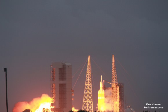 Inaugural Orion crew module launches at 7:05 a.m. on Delta 4 Heavy Booster from pad 37 at Cape Canaveral on Dec. 4, 2014.   Credit: Ken Kremer - kenkremer.com