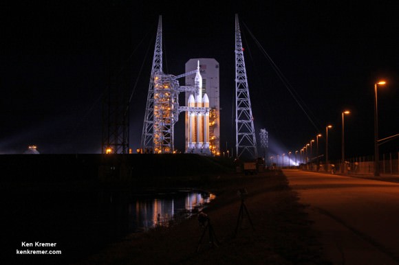 NASA’s first Orion spacecraft and Delta 4 Heavy Booster unveiled at Space Launch Complex 37 (SLC-37) at Cape Canaveral Air Force Station in Florida prior to launch set for Dec. 4, 2014.   Credit: Ken Kremer - kenkremer.com