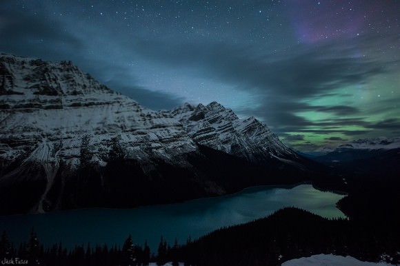 Aurora over Peyto Lake in Alberta, Canada. Credit and copyright: Jack Fusco. 