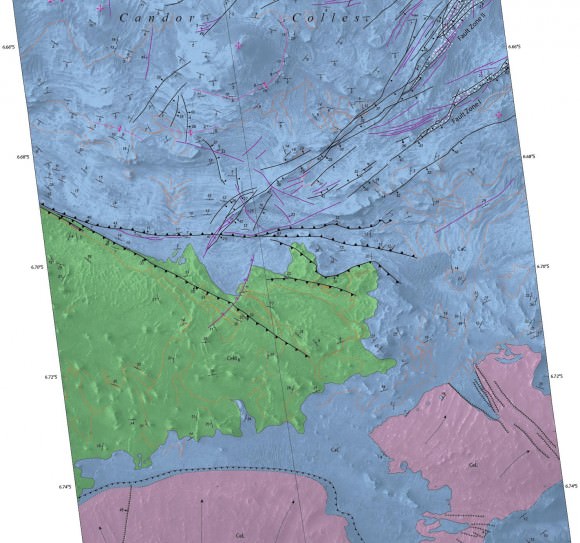 Part of a map of Candor Chasma (part of Mars' Valles Marineris) based on observations from the Mars Reconnaissance Orbiter. Green is knobby terrain, pink is lobate deposits (ridged material) and blue "stair-stepped morphology" of hills and mesas. Credit: U.S. Geological Survey