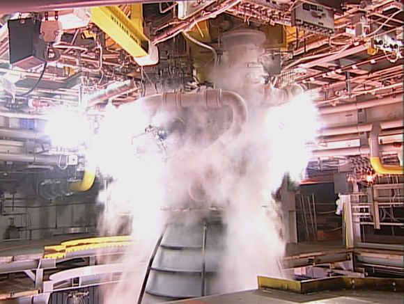 A close-up view  of the RS-25 engine  from the test stand.  Credit: NASA