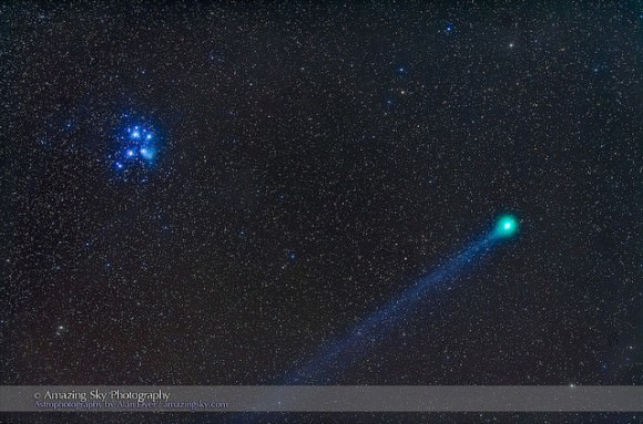 Comet Lovejoy, C/2014 Q2, a wide binocular field west of M45, the Pleiades star cluster in Taurus, on January 15, 2015, shot from Silver City, New Mexico. The long blue ion tail stretched back for about 8°. Credit and copyright: Alan Dyer. 