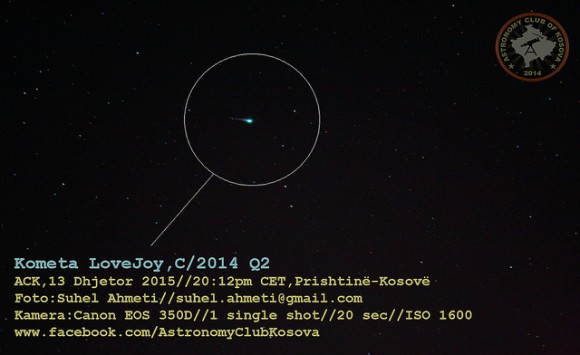 Comet LoveJoy photographed from Kosovo on January 13, 2015. Credit and copyright: Suhel A. Ahmeti.
