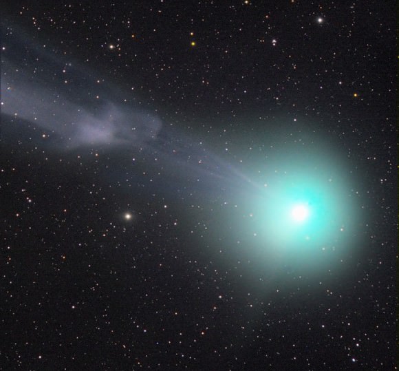 In this photo taken January 8th, the comet's tail is caught in the act of separated from the head or coma. Magnetic fields embedded in the stream of particles from the Sun occasionally reconnect on the rear side of a comet and pinch off its tail. Credit: Rolando Ligustri