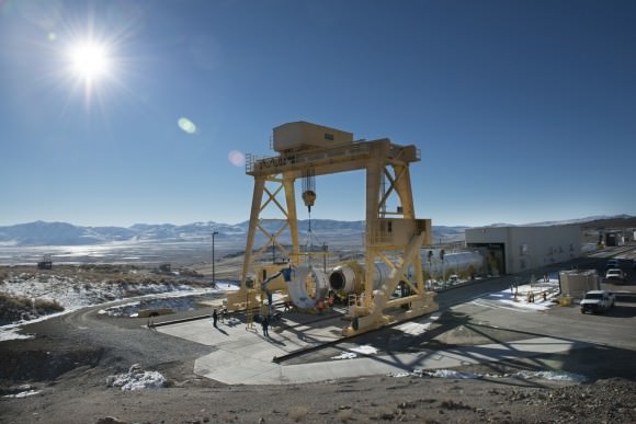 The first qualification motor for NASA's Space Launch System's booster is installed in ATK's test stand in Utah and is ready for a March 11 static-fire test.   Credit:  ATK
