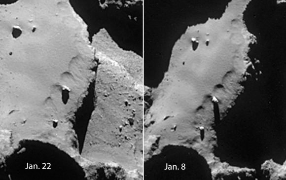 Comparison of Jan. 22 and Jan. 9 photos of the "horseshoes" or depressions in 67P's Hapi region. Outside of differences in lighting, do you see any changes? Credit: ESA/Rosetta/Navcam