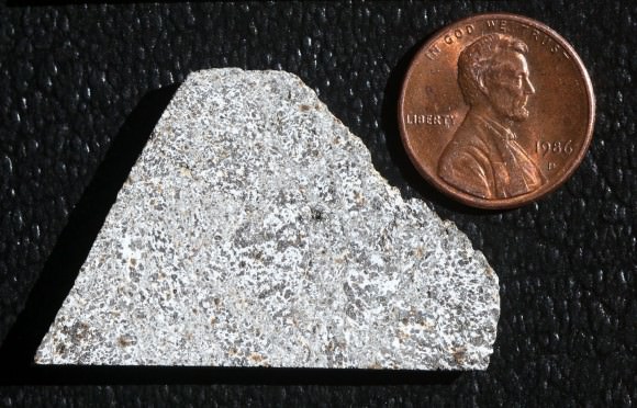 An 8.8g part slice of the eucrite meteorite NWA 3147. Most eucrites are derived from lava flows on the asteroid Vesta. Credit: Bob King 
