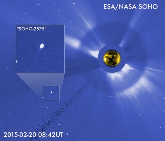 Comet SOHO-2875 survived its close passage of the Sun and may make an appearance in the evening sky soon. This photo montage was made using the coronagraph (Sun-blocking device) on SOHO. Click to watch a movie of the comet. Credit: NASA/ESA