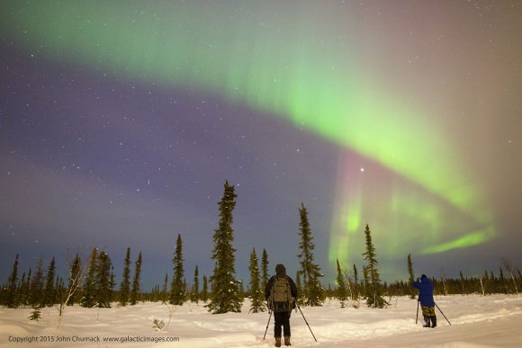 Skiing stop to take in the northern lights near Fairbanks Monday night. Credit: John Chumack