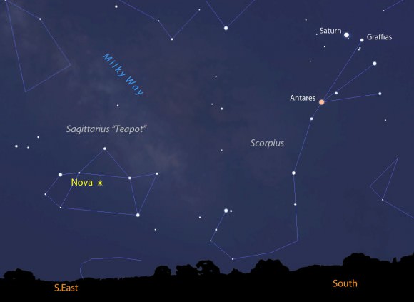 This view shows the sky facing south-southeast just before the start of dawn in mid-March from the central U.S. The nova's located squarely in the Teapot constellation. Source: Stellarium