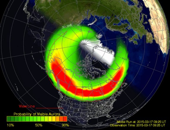 The awesome 30-minute aurora forecast map updates the shrinking and expanding of Earth's northern auroral oval due to changes in the solar wind from CMEs, flares and the like. This view is from this morning around 4:55 a.m. Red indicates intense aurora. Credit: NOAA