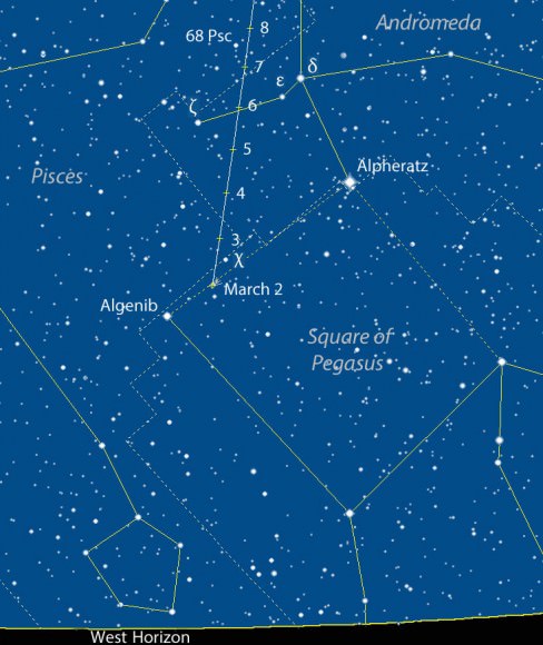 Map to help you find Comet C/2015 D1 SOHO March 2-8 around 7 p.m. (CST) and 8 p.m. CDT on March 8. Stars are shown to magnitude 6.5. Source: Chris Marriott's SkyMap