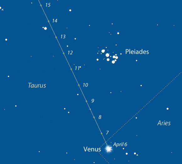 Map showing Venus' path daily from April 6-15, 2015 as it makes a pass at the Pleiades. Created with Chris Marriott's SkyMap