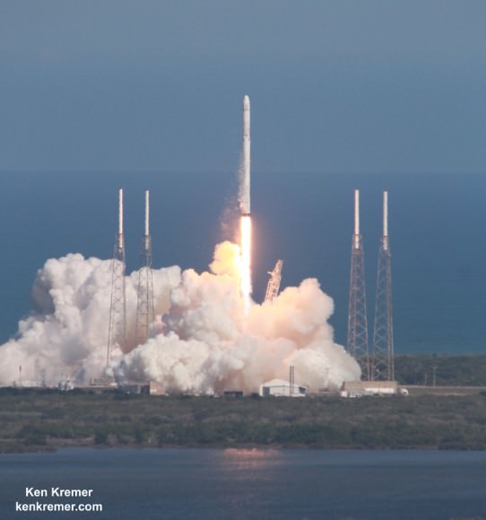 SpaceX Falcon 9 and Dragon blastoff from Space Launch Complex 40 at Cape Canaveral Air Force Station in Florida on April 14, 2015 at 4:10 p.m. EDT  on the CRS-6 mission to the International Space Station. Credit: Ken Kremer/kenkremer.com 