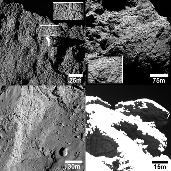 The surface of Comet 67P/C-G is extensively fractured likely related to the intense freeze-thaw cycle that occurs during the heat of perihelion vs. the chill experienced in the outer part of its orbit. Credit: ESA/Rosetta/MPS for OSIRIS Team MPS/UPD/LAM/IAA/SSO/INTA/UPM/DASP/IDA