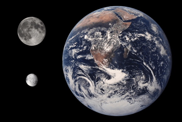 Size comparison of Earth, the Moon, and Iapetus. Credit: NASA/JPL/Tom Reding