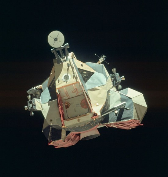 The Apollo 17 Lunar Module "Challenger" ascent stage after returning from the lunar surface, photographed from the Command Module "America" prior to rendezvous. Credit: NASA/KSC.