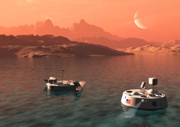 On the left is TALISE (Titan Lake In-situ Sampling Propelled Explorer), the ESA proposal. This would have it's own propulsion, in the form of paddlewheels. Credit: bisbos.com