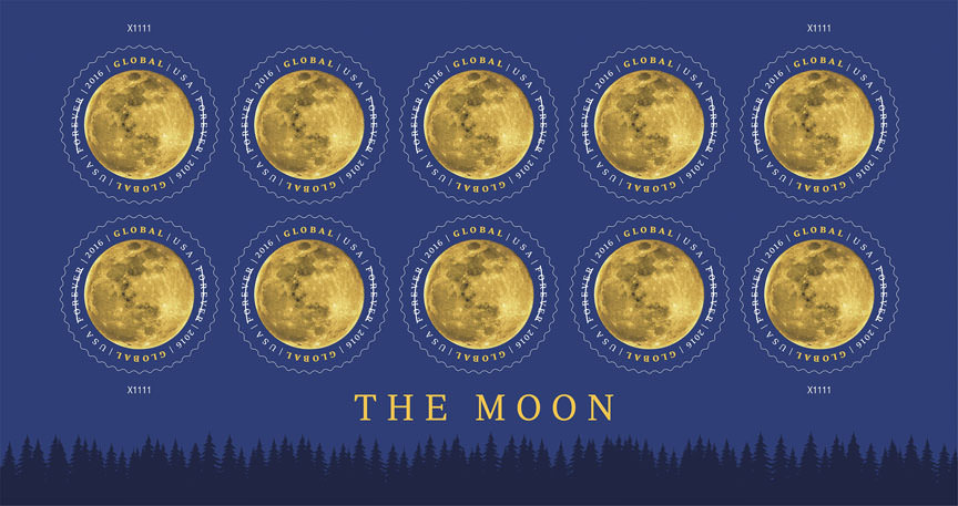 Ten of the round Global Forever stamps of the full moon. Issued at the price of $1.20, this Global Forever stamp can be used to mail a one-ounce letter to any country to which First-Class Mail International service is available. Credits: USPS/Greg Breeding under the art direction of William Gicker © 2016 USPS