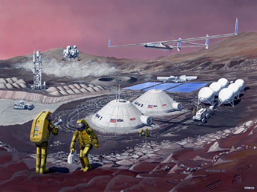 We've been dreaming about a Mars colony for a long time, as the lovely retro drawing shows. Will we ever have one? Image: NASA