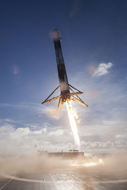 A SpaceX Falcon 9 reusable first stage lands on the drone ship before being transported to Port Canaveral. Image: SpaceX