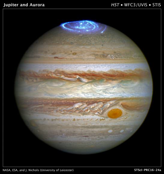 Jupiter has spectacular aurora, such as this view captured by the Hubble Space Telescope. Auroras are formed when charged particles in the space surrounding the planet are accelerated to high energies along the planet's magnetic field. Credit: NASA, ESA, and J. Nichols (University of Leicester)