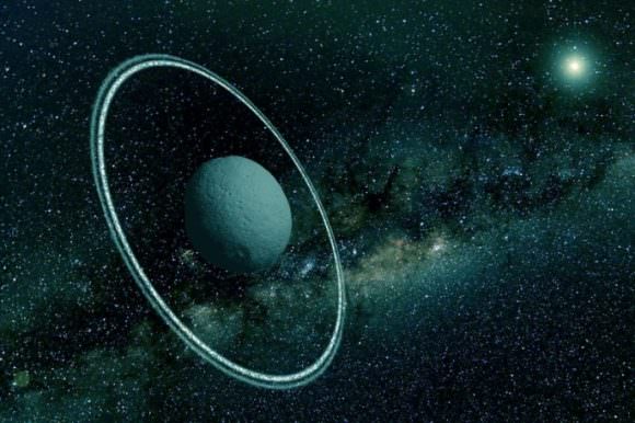 Arist's impression of Chiron and its possible ring. Credit: dailygalaxy.com