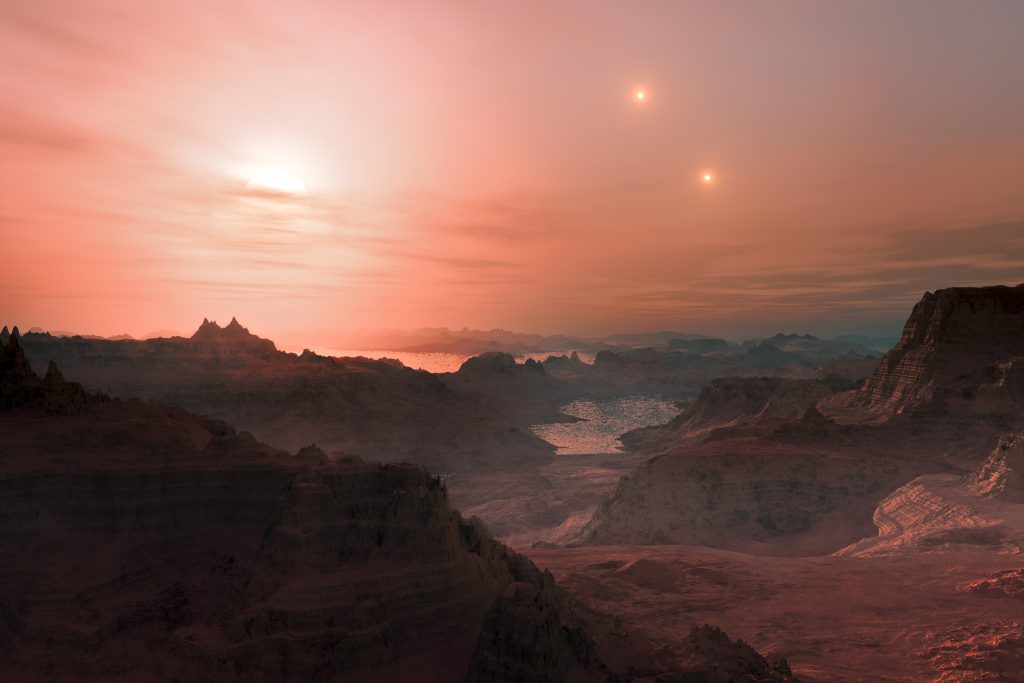 Artist's impression of a sunset seen from the surface of an Earth-like exoplanet.  Credit: ESO / L. Calçada 