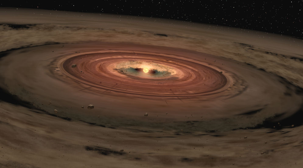 An illustration of a protoplanetary disk. The solar system formed from such a disk. Astronomers suggest this birthplace was protected by a larger filament of molecular gas and dust early in history. Credit: NASA/JPL-Caltech/T. Pyle (SSC)