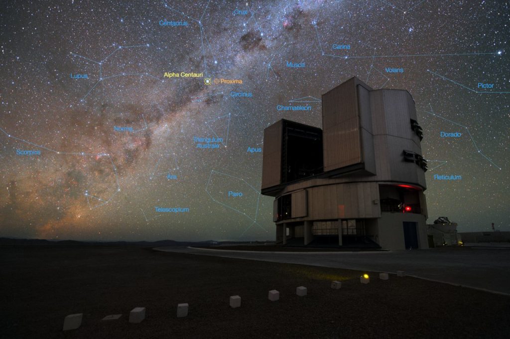 In the foreground of this image, ESO's Very Large Telescope (VLT) is seen at the Paranal Observatory in Chile.  The rich star background of the photo contains the bright star Alpha Centauri, the closest galaxy to Earth.  At the end of 2016, ESO signed an agreement with the breakthrough initiatives to adapt the VLT instrumentation to search for planets in the Alpha Centauri system.  Such planets could be the targets for the eventual launch of miniature space probes by the Breakthrough Starshot Initiative.  Credit: ESO