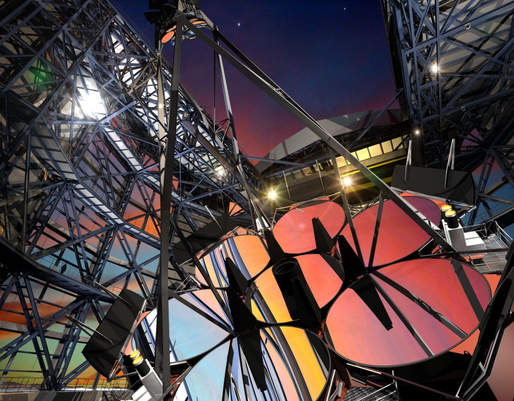 این تصویر نشان می دهد که تلسکوپ غول پیکر ماژلانی وقتی آنلاین می شود چه شکلی خواهد بود.  این تلسکوپ قدرتمند قادر به تصویربرداری از برخی سیارات فراخورشیدی از جمله پروکسیما قنطورس b خواهد بود.  تصویر: تلسکوپ غول پیکر ماژلان – GMTO Corporation