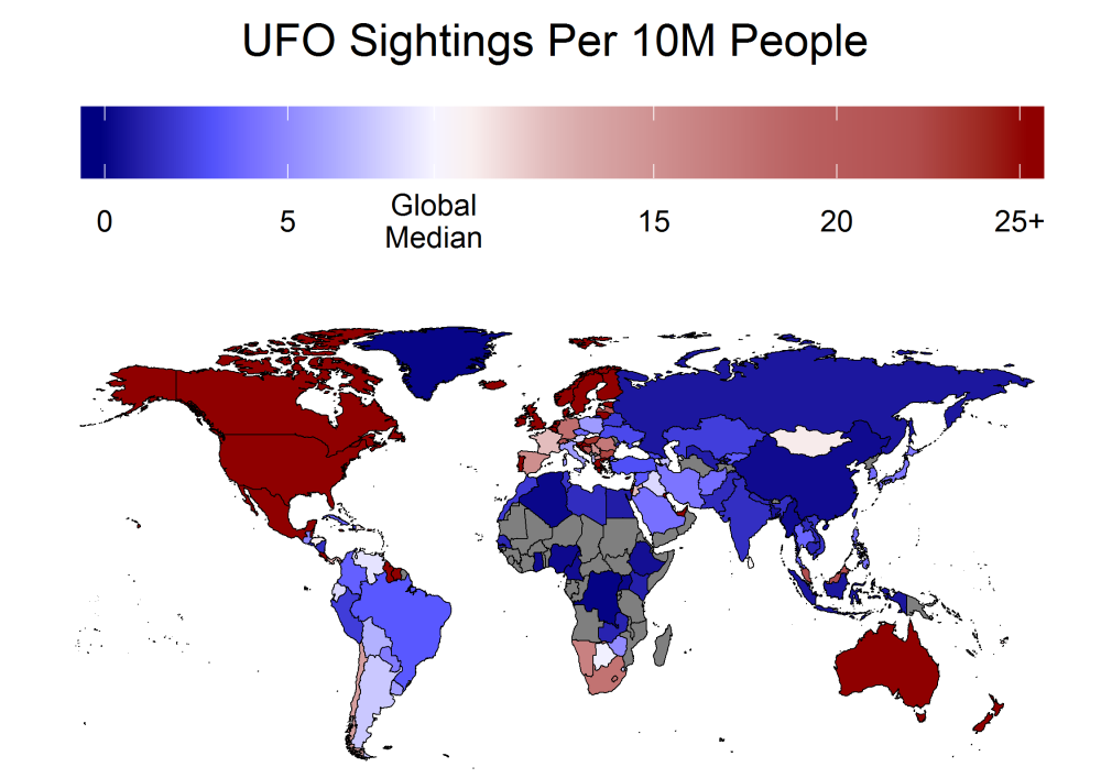 The geographic distribution of UFO sightings. One of the puzzling things about sightings is that they're not distributed in any way that makes sense. Image Credit: sammonfort3