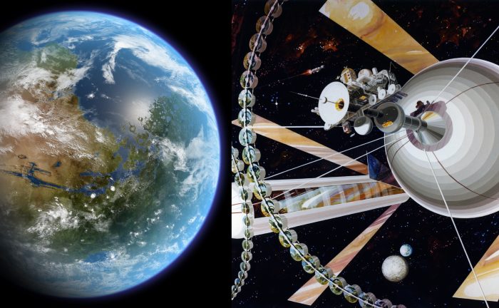 Artist's concept of a terraformed Mars (left) and an O'Neill Cylinder. Credit: Ittiz/Wikimedia Commons (left)/Rick Guidice/NASA Ames Research Center (right)