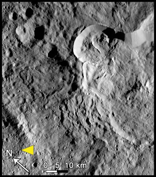Type 3 landslides on Ceres occur at low latitudes at large craters, and form when ice is melted by impacts. Credit: NASA/JPL-Caltech/UCLA/MPS/DLR/IDA, taken by Dawn Framing Camera