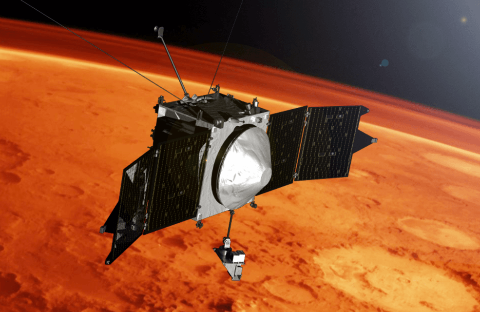 An artist's illustration of NASA's MAVEN spacecraft orbiting Mars. Image: NASA's Goddard Space Flight Center
