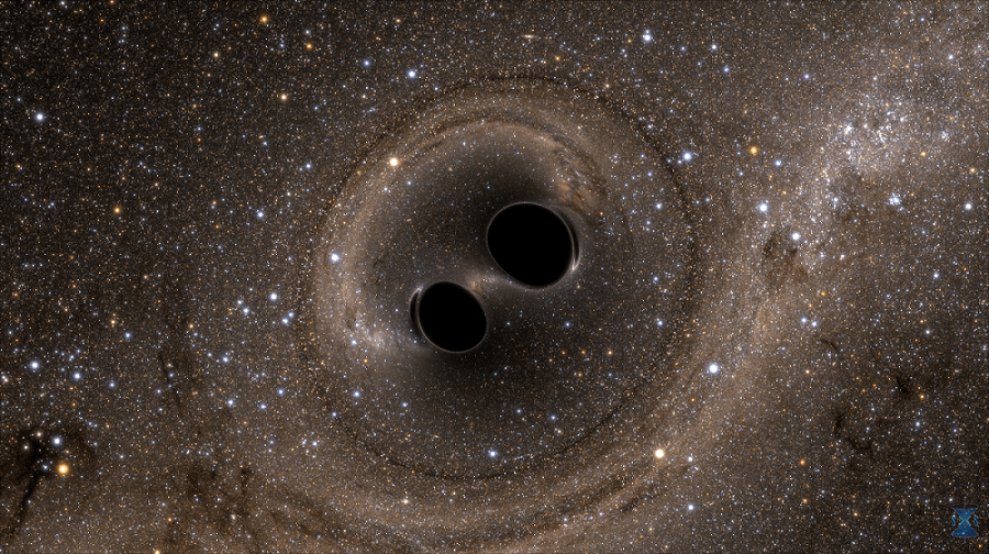 Artist's impression of two merging black holes, which has been theorized to be a source of gravitational waves. The SMBH in Holm 15A is most likely the result of a merger of two black holes.  Credit: Bohn, Throwe, Hébert, Henriksson, Bunandar, Taylor, Scheel/SXS