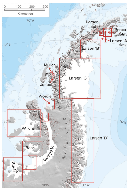 The Larsen ice shelf is situated on the east coast of the Antarctic Peninsula. It's been breaking up since the 1990s. Could geoengineering slow or stop Antarctic ice shelves from fracturing and melting faster? Image: By A. J. Cook and D. G. Vaughan, CC BY 3.0, https://commons.wikimedia.org/w/index.php?curid=30463195