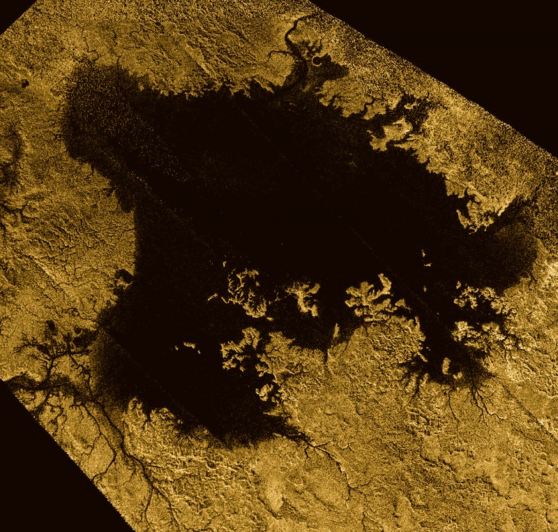 Ligeia Mare, shown in here in data obtained by NASA's Cassini spacecraft, is the second largest known body of liquid on Saturn's moon Titan. It is filled with liquid hydrocarbons, such as ethane and methane, and is one of the many seas and lakes that bejewel Titan's north polar region. Credit: NASA/JPL-Caltech/ASI/Cornell