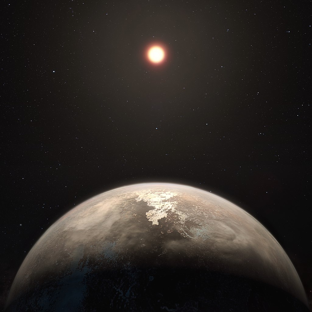 Artist's impression of the exoplanet Ross 128 b orbiting its red dwarf star. Potentially habitable rocky worlds like this one are beyond our physical reach. Image Credit: ESO/M. Kornmesser. Public Domain