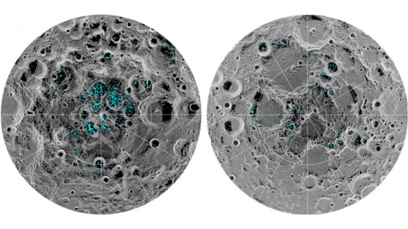 Image showing the distribution of surface ice (which could supply water) at the Moon's south pole (left) and north pole (right), detected by NASA's Moon Mineralogy Mapper instrument. Credits: NASA