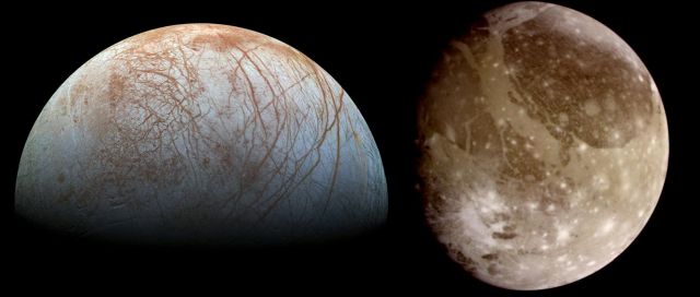Jupiter's moons Europa (left) and Ganymede (right.) Both moons likely have subsurface oceans that could harbor life. Image not to scale. Credit: NASA